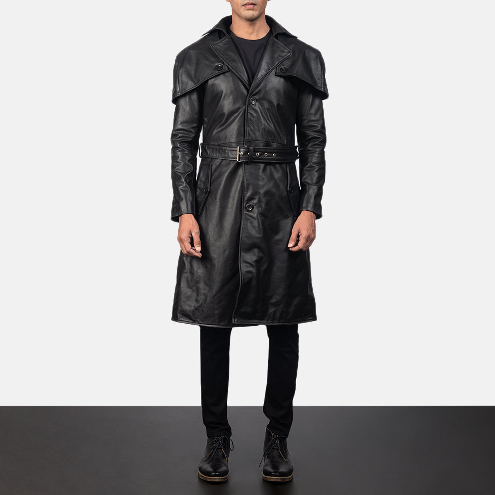 
Black Cowhide Leather Trench Coat - Bagfra med tilpassede skuldre og ren kant