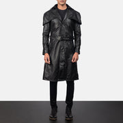 
Black Cowhide Leather Trench Coat - Bagfra med tilpassede skuldre og ren kant