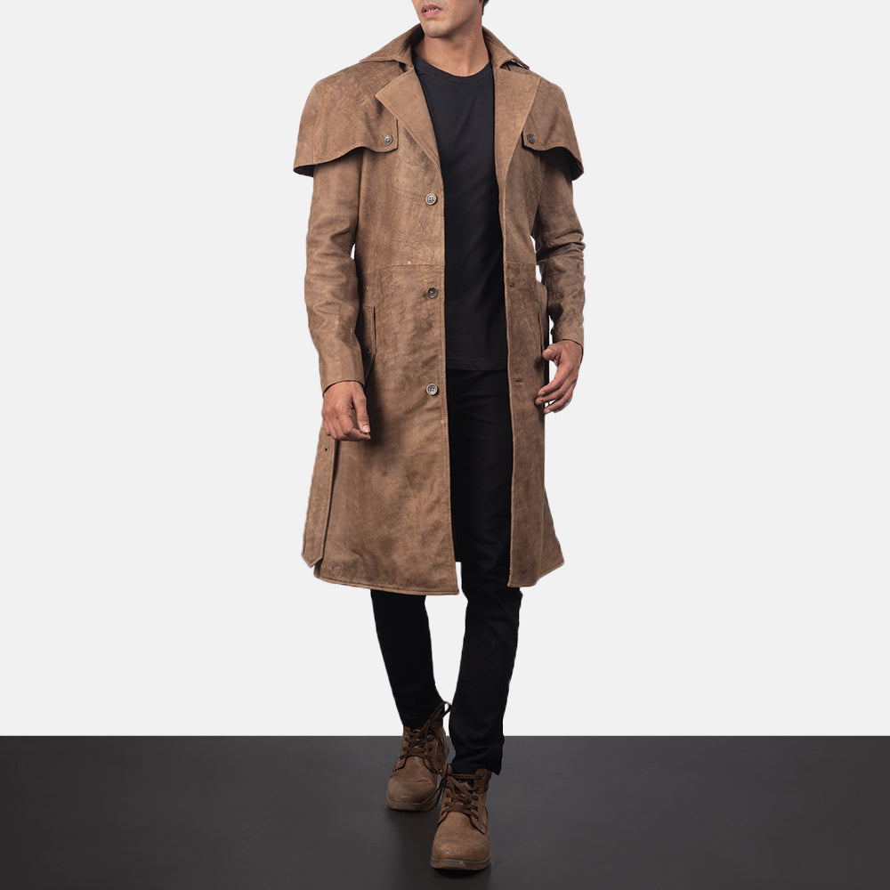 Men's Deux Brun Leather Duster til Mænd in Distressed Brown Semi-Aniline Snuffed - Front Profile View &amp; Tailored Silhouette | Buy Online
