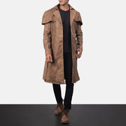 Men's Deux Brun Leather Duster til Mænd in Distressed Brown Semi-Aniline Snuffed - Front Profile View &amp; Tailored Silhouette | Buy Online