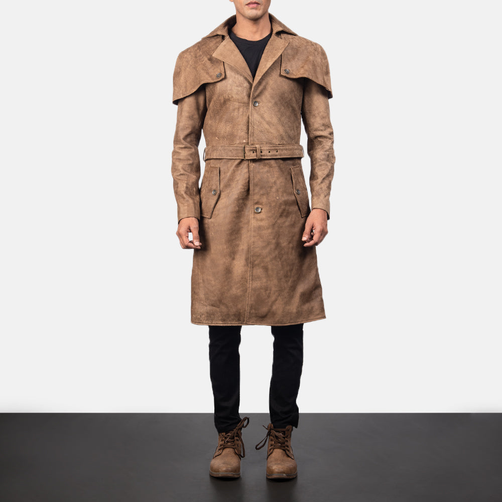 Close-Up Detail of Classic Collar &amp; Buttons + Belt Hardware on Men's Deux Brun Leather Duster til Mænd