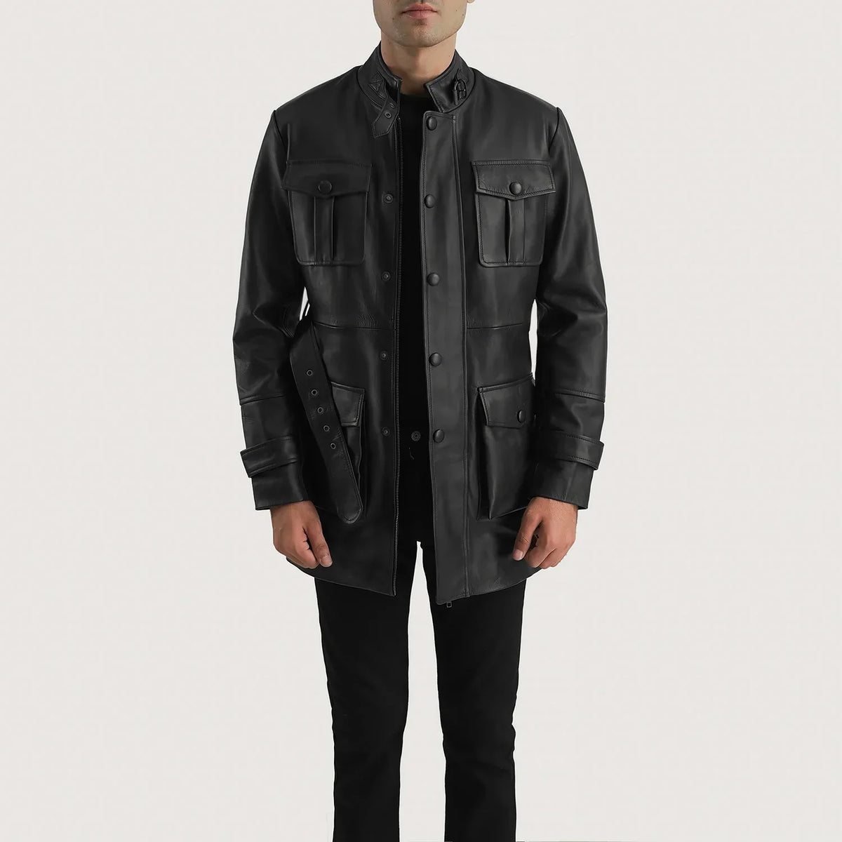 Dolf Sort Læderjakke til Mænd in Black Cowhide Leather - Front Profile View &amp; Tailored Silhouette | Buy Online