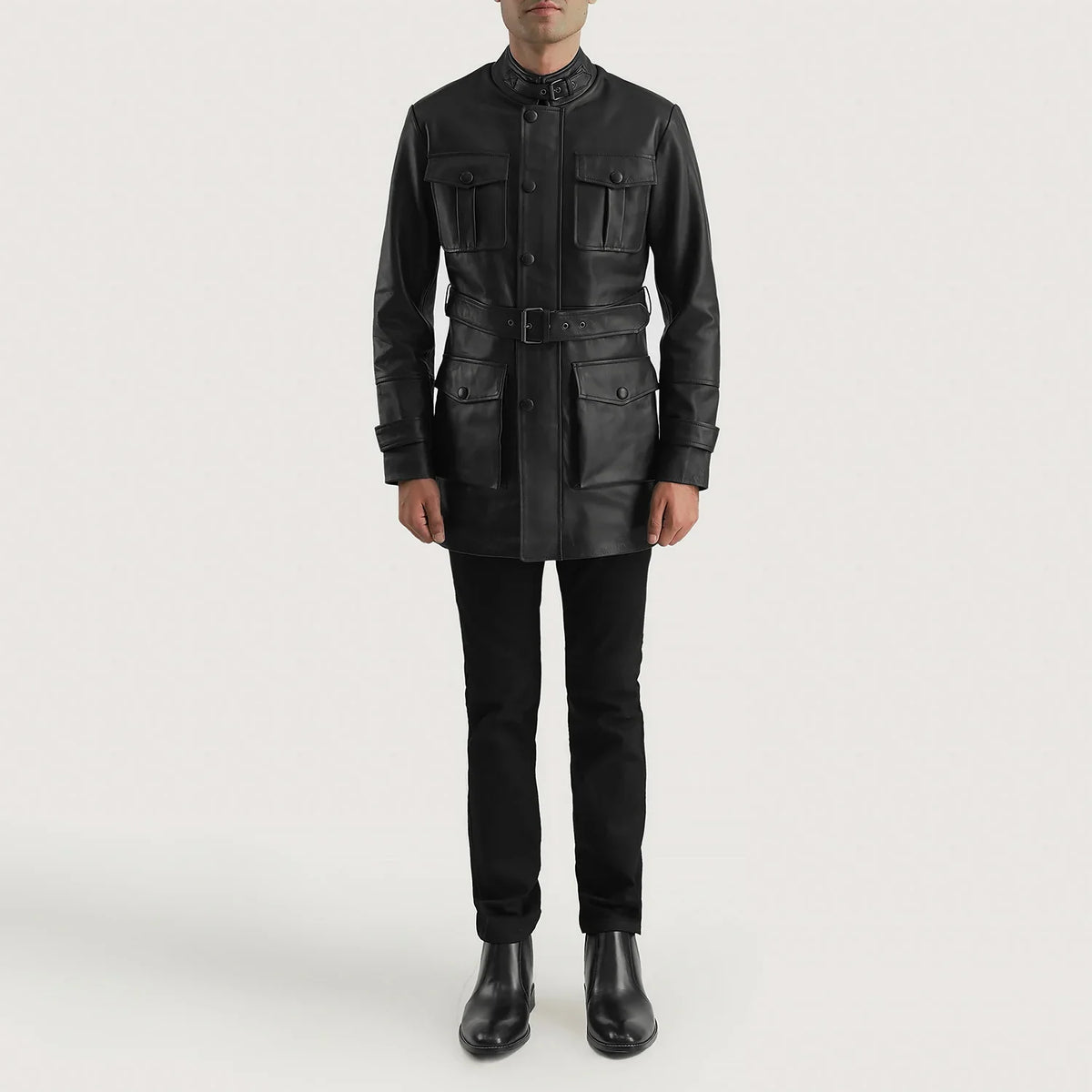 Dolf Sort Læderjakke til Mænd - Lateral Side Profile View Showing Sleeve Cut &amp; Athletic Taper Fit