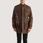 Dolf Brun Læderjakke til Mænd - Lateral Side Profile View Showing Sleeve Cut &amp; Athletic Taper Fit