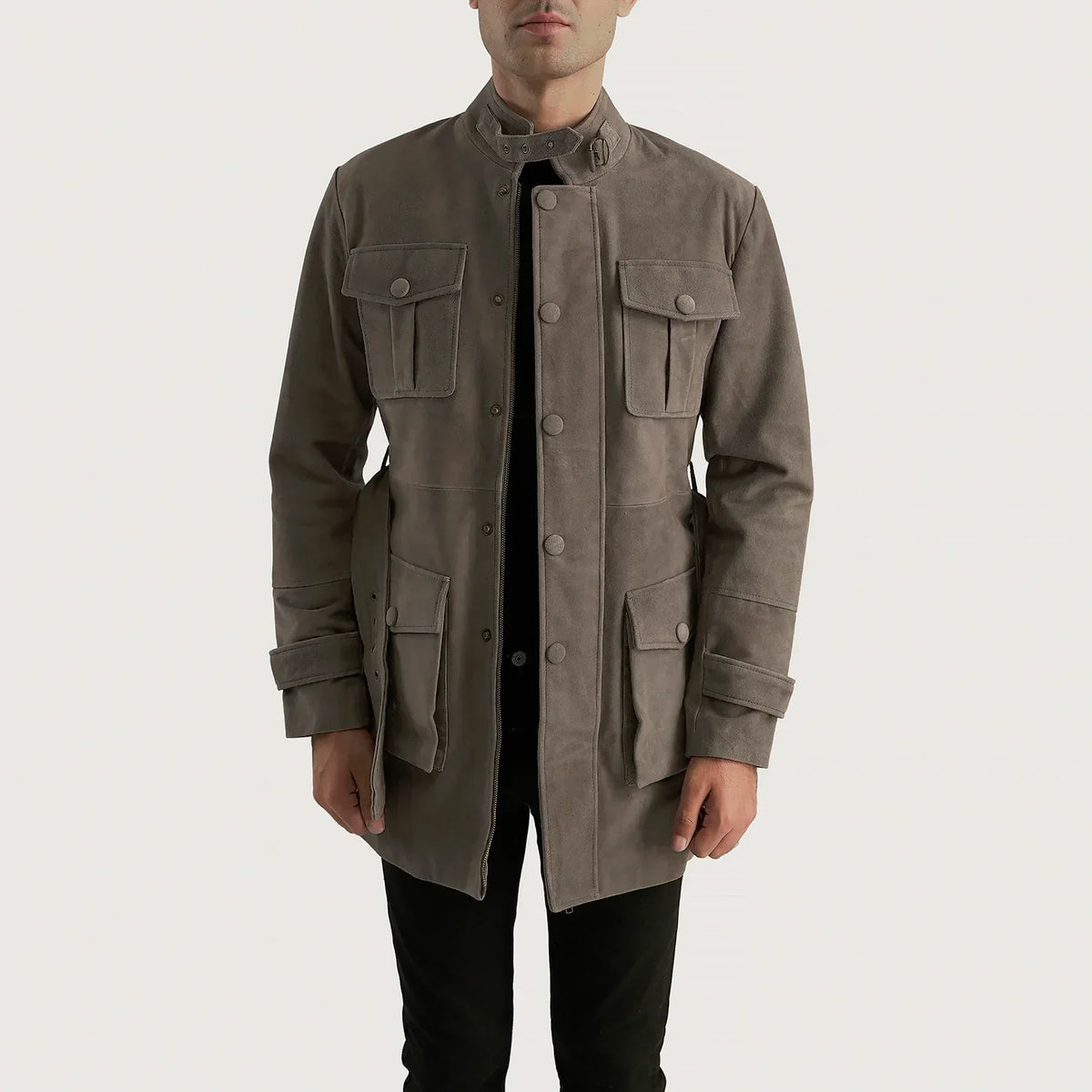 Dolf Grey Suede Læderjakke til Mænd in Grey Cowhide Suede - Front Profile View &amp; Tailored Silhouette | Buy Online