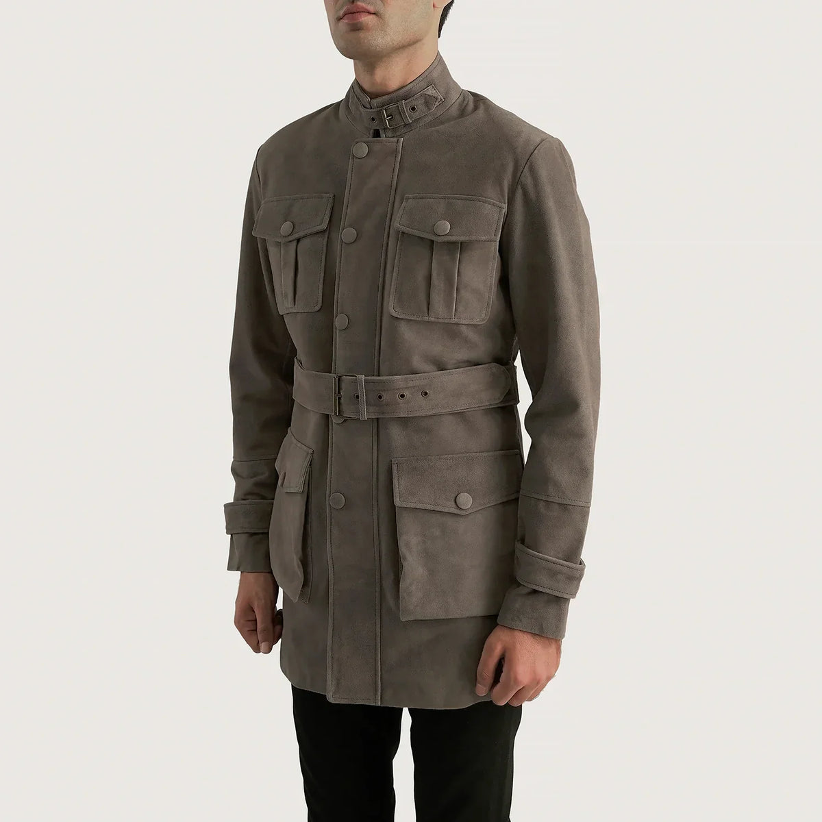 Grey Cowhide suede Jacket - Back View Showing Tailored Shoulder Fit &amp; Clean Hemline