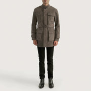 Dolf Grey Suede Læderjakke til Mænd - Lateral Side Profile View Showing Sleeve Cut &amp; Athletic Taper Fit