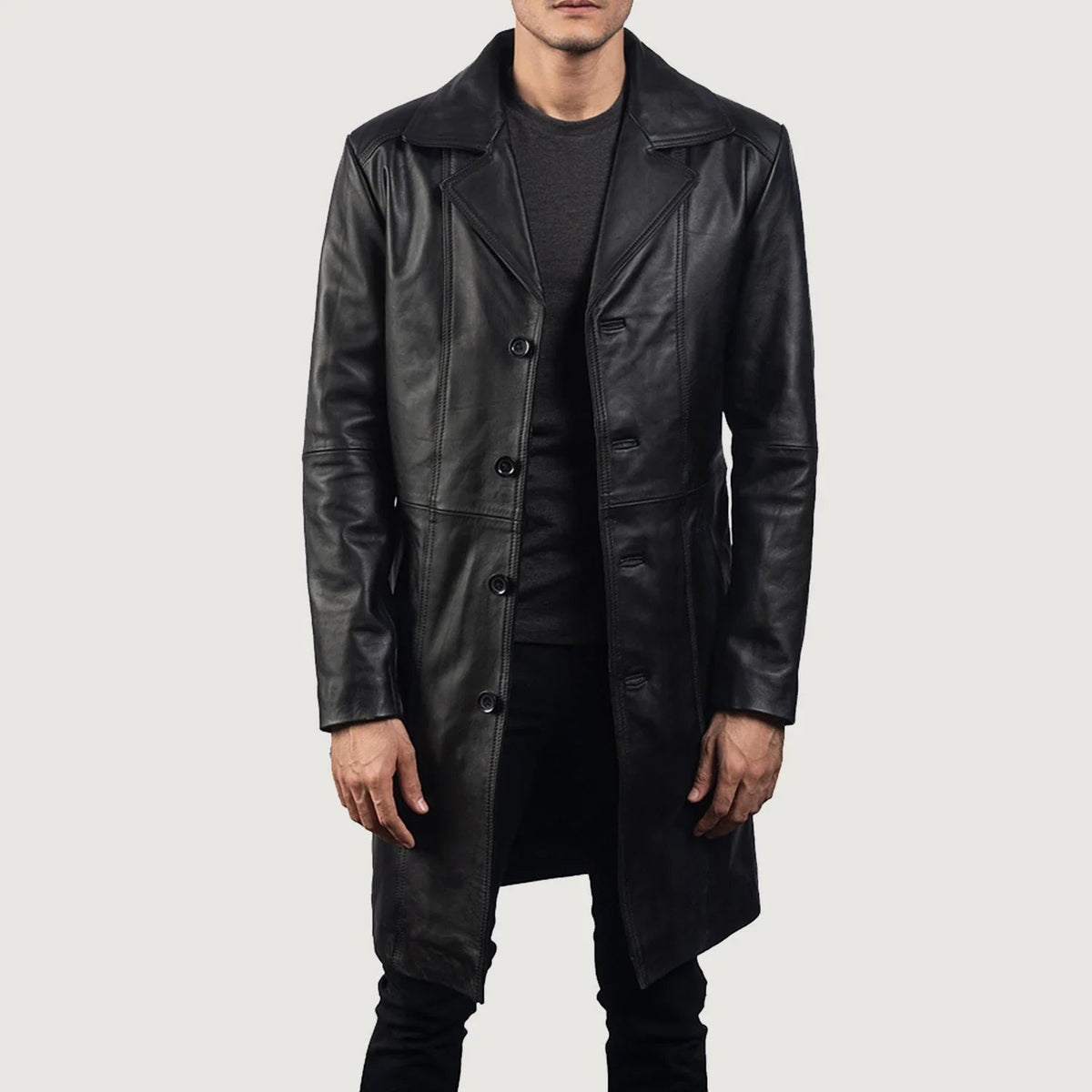 
Don Long Sort Læderfrakke til Mænd in Black Cowhide Leather - Forfra med skræddersyet silhuet | Køb online