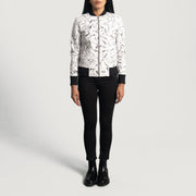 Close-Up Detail of Varsity &amp; Zipper Hardware on Women's Donna Blake White Læder Bomberjakke til Kvinder
