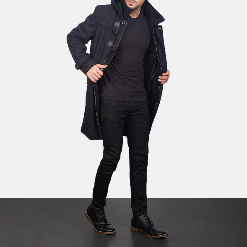 Drake Sort Wool Hooded Duffle Læderfrakke til Mænd