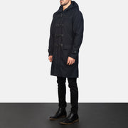 Black Synthetic Wool Trench Coat - Back View Showing Tailored Shoulder Fit &amp; Clean Hemline