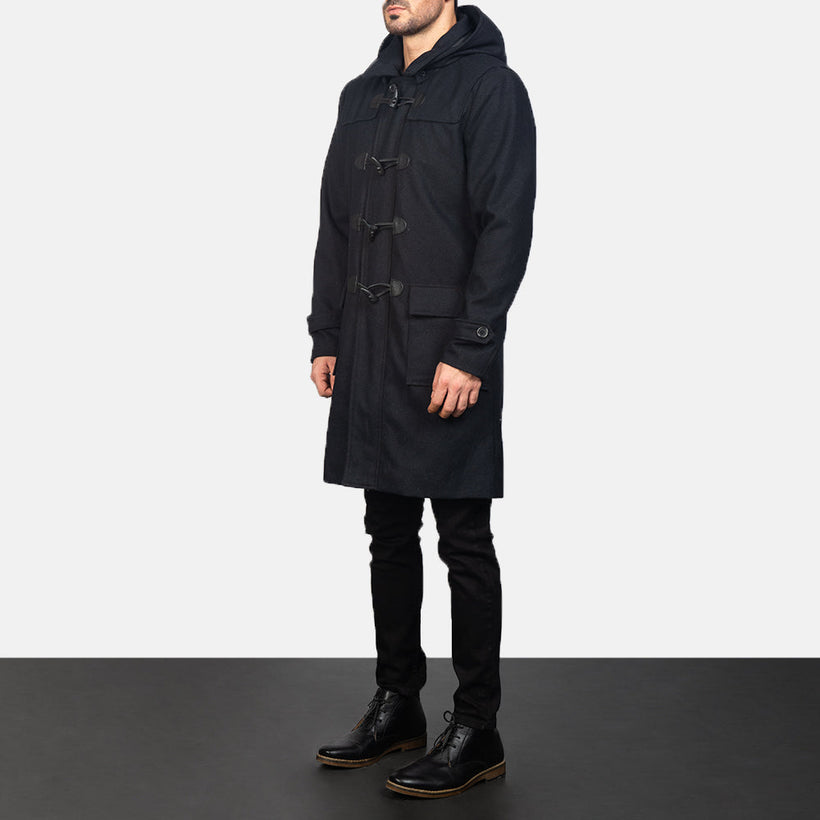 Drake Sort Wool Hooded Duffle Læderfrakke til Mænd