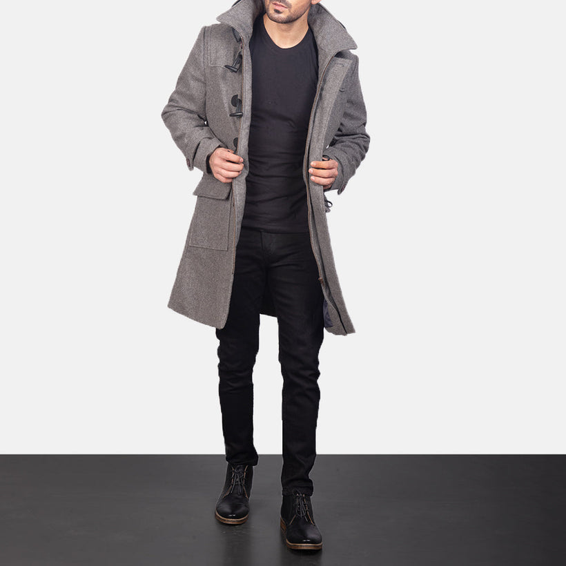 Drake Grey Wool Hooded Duffle Læderfrakke til Mænd