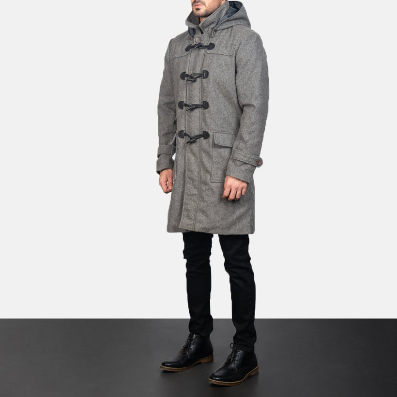 Drake Grey Wool Hooded Duffle Læderfrakke til Mænd