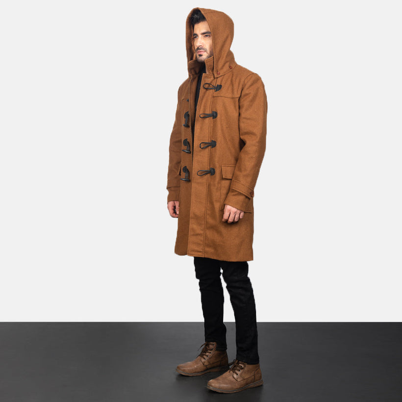 Drake Khaki Wool Hooded Duffle Læderfrakke til Mænd