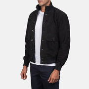 Brown Goatskin Suede Bomber Jacket - Back View Showing Tailored Shoulder Fit &amp; Clean Hemline
