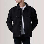Eddie Sort Oversized Denim Trucker Læderjakke til Mænd For Men in Black Full-Grain Leather - Front Profile View &amp; Tailored Silhouette | Buy Online