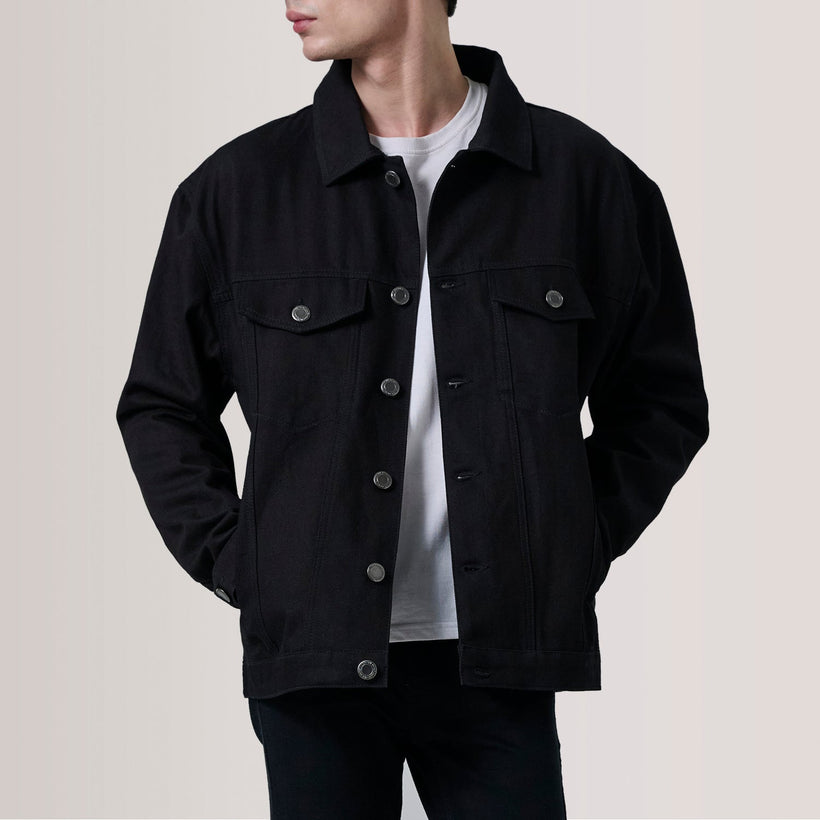 Eddie Sort Oversized Denim Trucker Læderjakke til Mænd