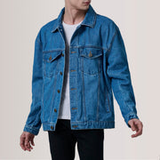 
Eddie Dark Blå Oversized Denim Trucker Læderjakke til Mænd For Men in Dark Blue Full-Grain Leather - Forfra med skræddersyet silhuet | Køb online