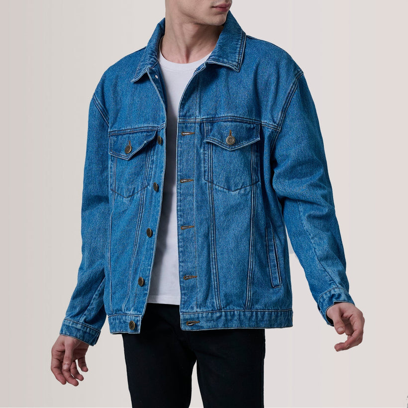 Eddie Dark Blå Oversized Denim Trucker Læderjakke til Mænd