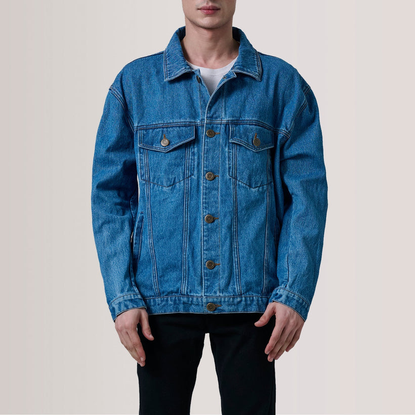 Eddie Dark Blå Oversized Denim Trucker Læderjakke til Mænd