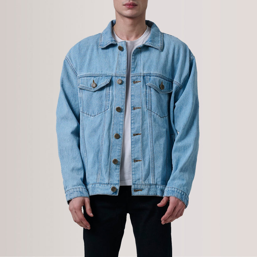 Eddie Light Blå Oversized Denim Trucker Læderjakke til Mænd