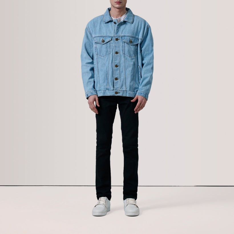 Eddie Light Blå Oversized Denim Trucker Læderjakke til Mænd