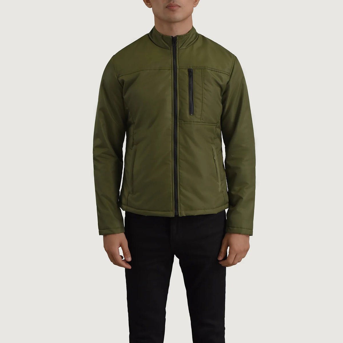 Close-Up Detail of Classic Collar &amp; Zipper Hardware on Elliot Green Lightweight Læderjakke til Mænd