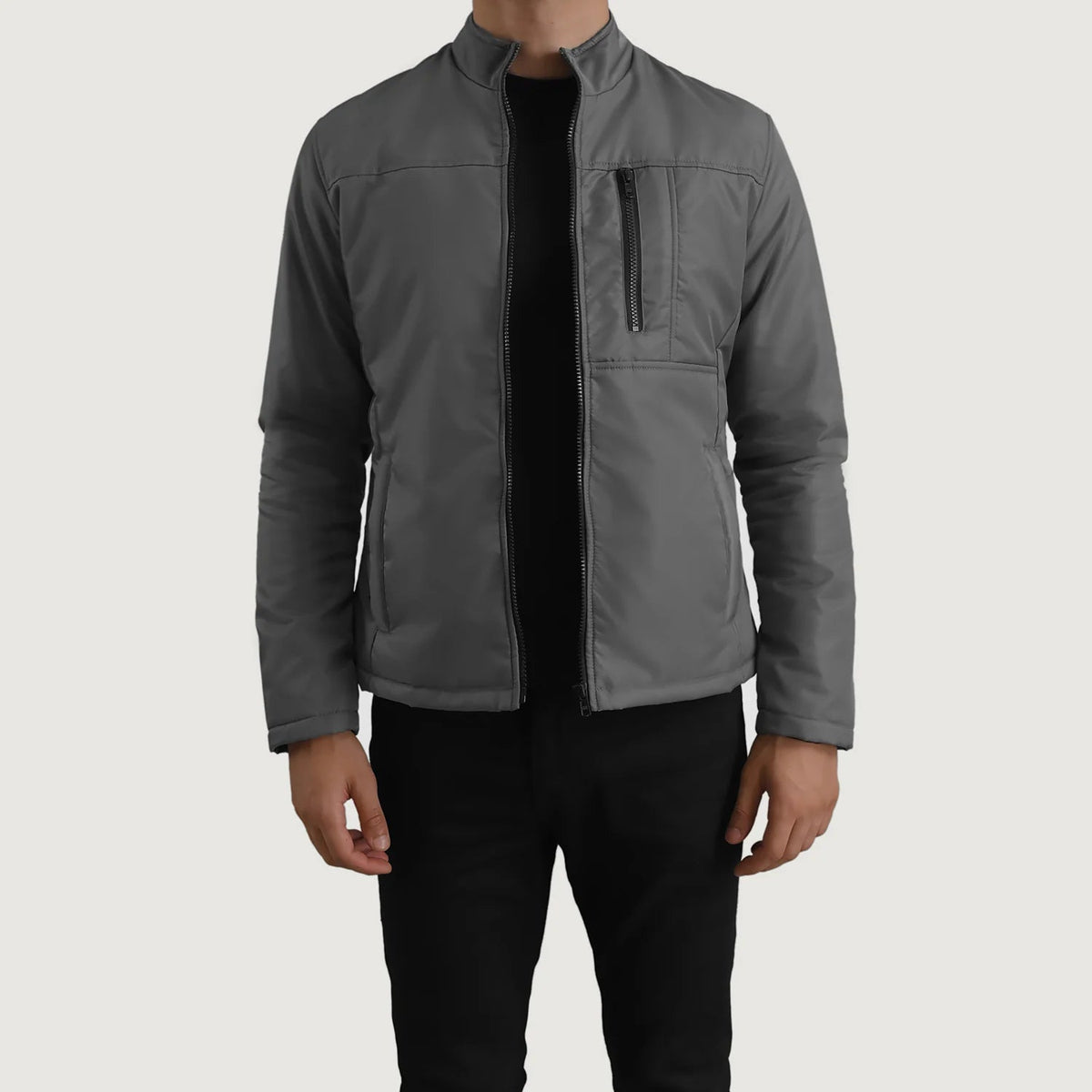 Elliot Grey Lightweight Læderjakke til Mænd in Grey Full-Grain Leather - Front Profile View &amp; Tailored Silhouette | Buy Online