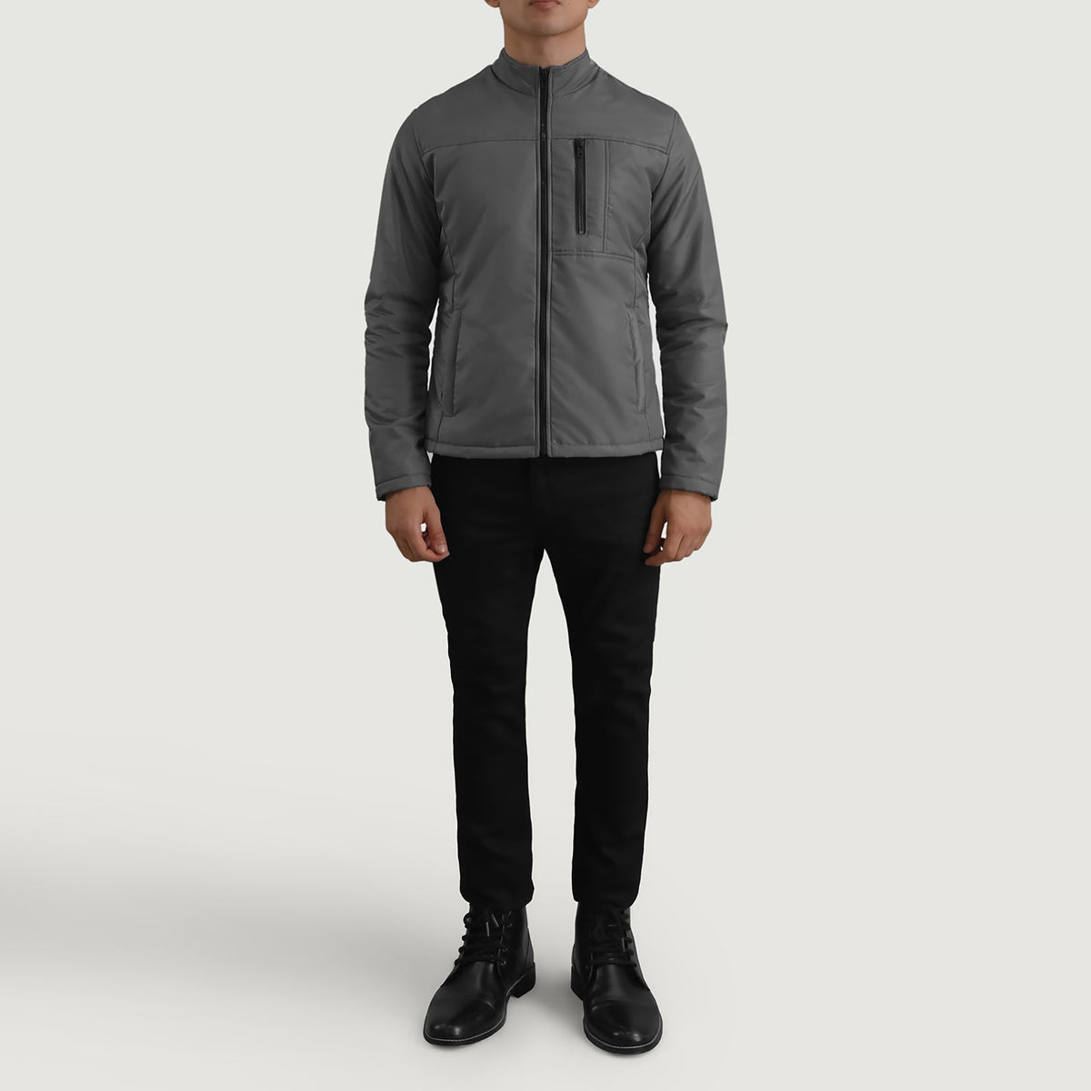 Elliot Grey Lightweight Læderjakke til Mænd - Lateral Side Profile View Showing Sleeve Cut &amp; Athletic Taper Fit