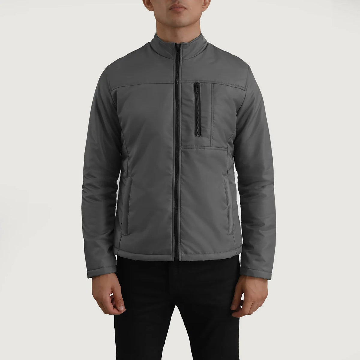 Close-Up Detail of Classic Collar &amp; Zipper Hardware on Elliot Grey Lightweight Læderjakke til Mænd