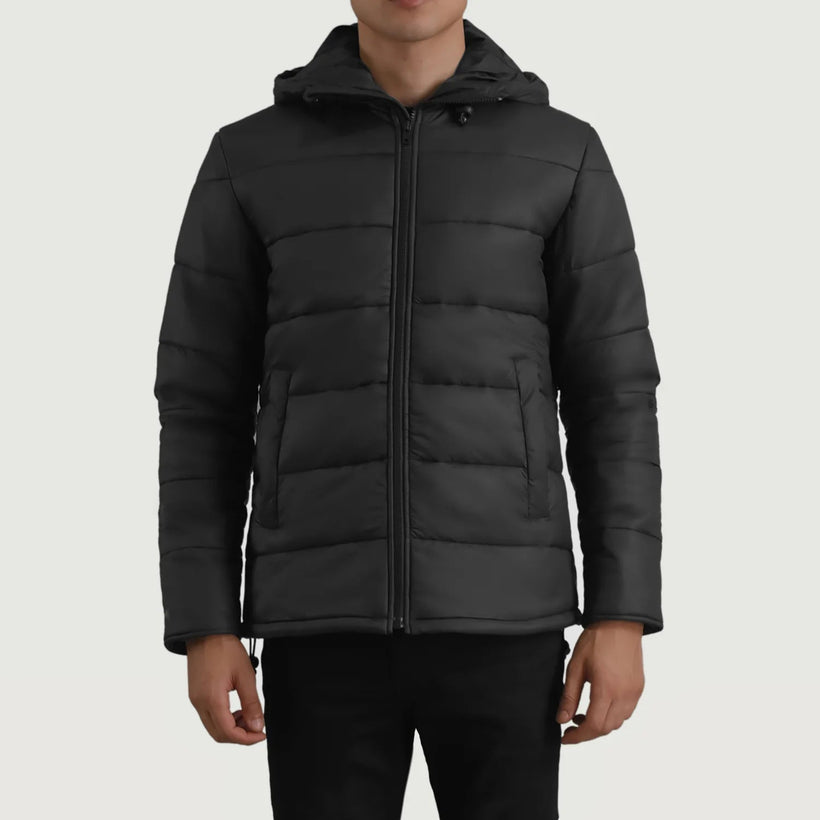Erico Sort Hooded Puffer Læderjakke til Mænd