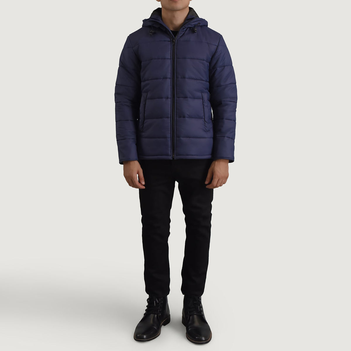 
Erico Blå Hooded Puffer Læderjakke til Mænd - Sideprofil med ergonomisk ærmesnit