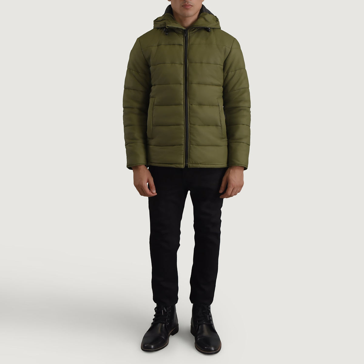 
Erico Grøn Hooded Puffer Læderjakke til Mænd - Sideprofil med ergonomisk ærmesnit