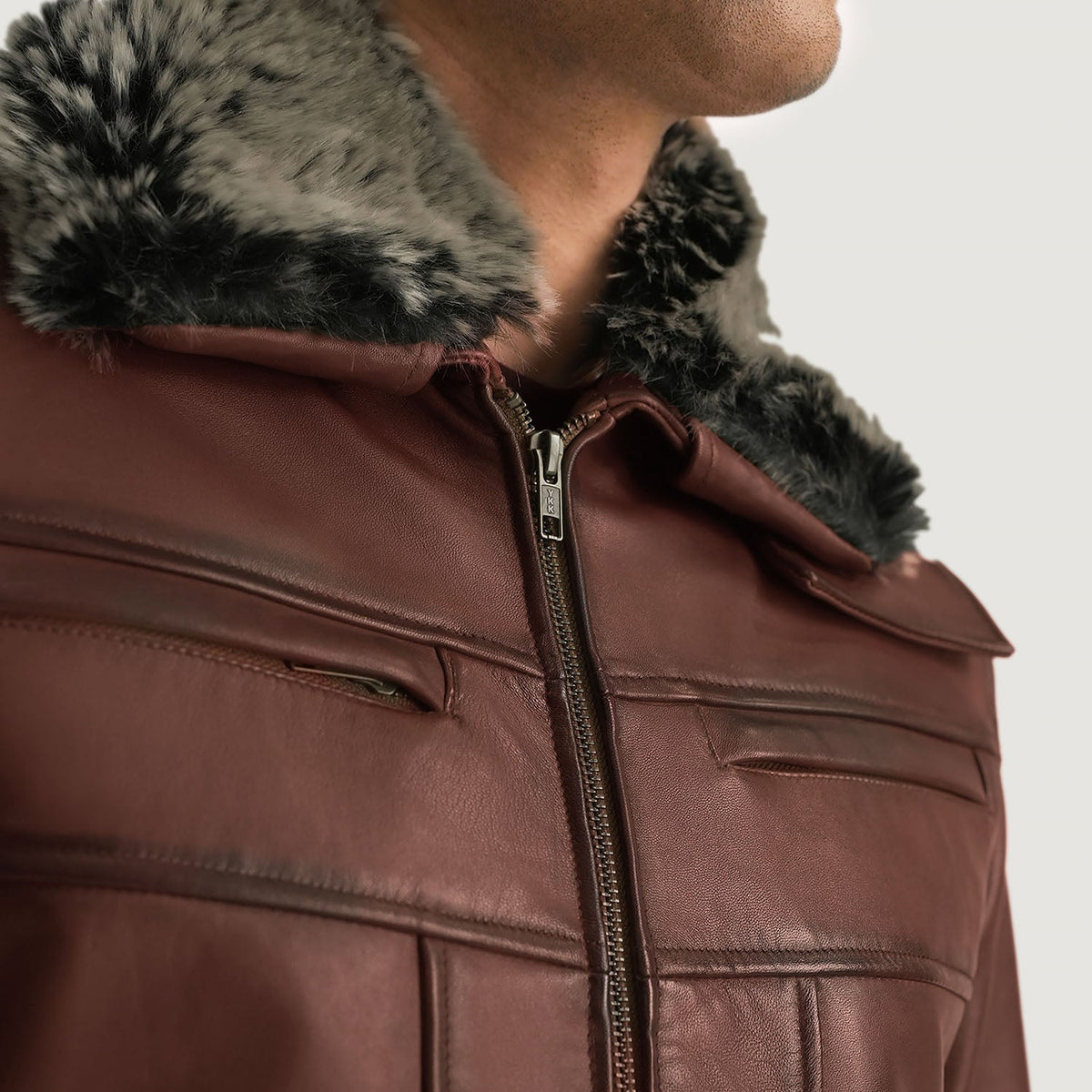 Men's Evan Hart Fur Brun Læderjakke til Mænd - Lateral Side Profile View Showing Sleeve Cut &amp; Athletic Taper Fit