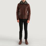 Close-Up Detail of Shirt &amp; Zipper Hardware on Men's Evan Hart Fur Brun Læderjakke til Mænd