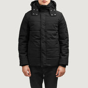 Exton Sort Hooded Down Puffer Læderjakke til Mænd in Black Full-Grain Leather - Front Profile View &amp; Tailored Silhouette | Buy Online