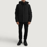 Close-Up Detail of Classic Collar &amp; Zipper With Placket. Hardware on Exton Sort Hooded Down Puffer Læderjakke til Mænd