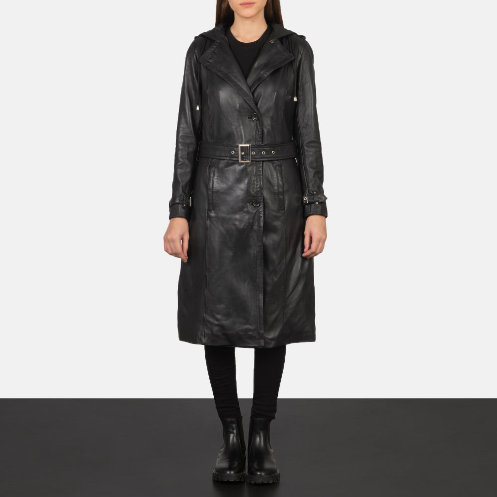 
Fixon Hooded Sort Trenchcoat i Læder til Damer - Sideprofil med ergonomisk ærmesnit