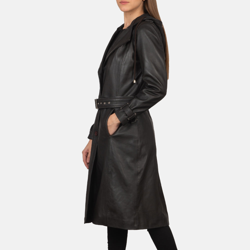 
Brown Sheepskin Leather Trench Coat - Bagfra med tilpassede skuldre og ren kant