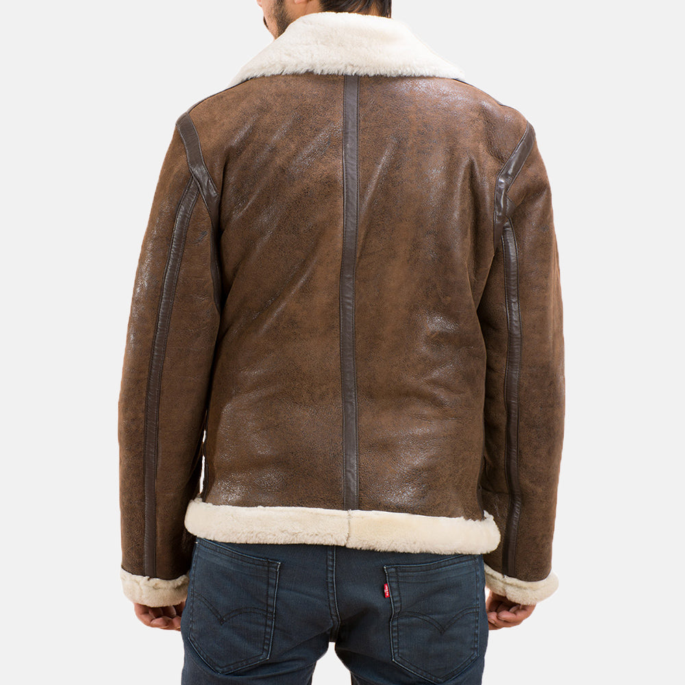 Distressed Brown Sheepskin Leather Aviator Jacket - Back View Showing Tailored Shoulder Fit &amp; Clean Hemline