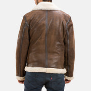 Distressed Brown Sheepskin Leather Aviator Jacket - Back View Showing Tailored Shoulder Fit &amp; Clean Hemline