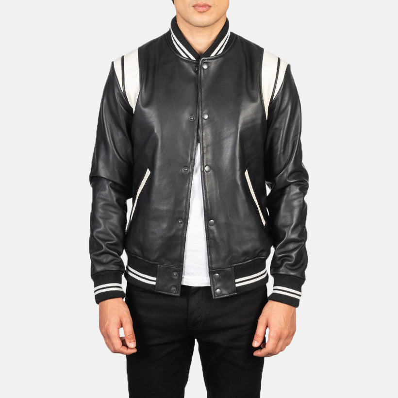 [FS] Dantee Sort Leather Varsity Læderjakke til Mænd