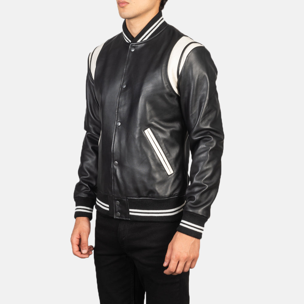 Black & White Sheepskin Leather Varsity Jacket - Back View Showing Tailored Shoulder Fit & Clean Hemline