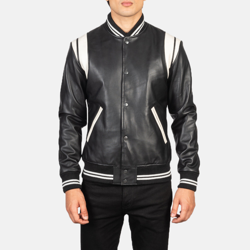 Close-Up Detail of Varsity & Snap Buttons Hardware on Men's Dantee Black Leather Varsity Jacket