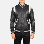 Close-Up Detail of Varsity & Snap Buttons Hardware on Men's Dantee Black Leather Varsity Jacket