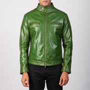 Men's Gatsby Quilted Green Leather Biker Jacket - Lateral Side Profile View Showing Sleeve Cut &amp; Athletic Taper Fit