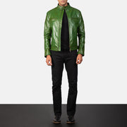 Close-Up Detail of Band with snap buttons &amp; Zipper Hardware on Men's Gatsby Quilted Green Leather Biker Jacket
