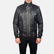 Glen Street Sort Læder Bomberjakke til Mænd in Black Cowhide Leather - Front Profile View &amp; Tailored Silhouette | Buy Online