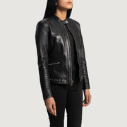 Women's Haley Ray Sort Læder Bikerjakke til Kvinder - Lateral Side Profile View Showing Sleeve Cut &amp; Athletic Taper Fit